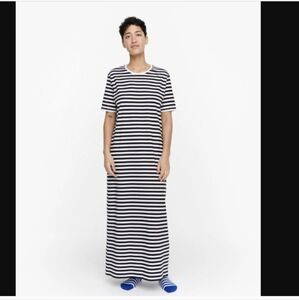 Marimekko navy and White Striped Maxi Dress night gown short sleeve size small
